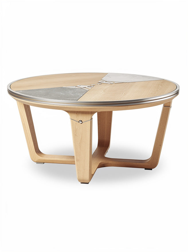 Stół kawowy okrągły z drewna i metalu - nowoczesny design, funkcjonalność, elegancja.