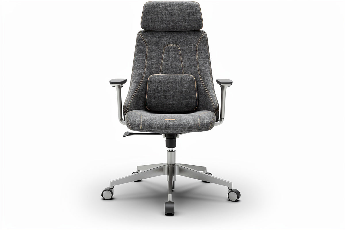 Ergonomiczne krzesło biurowe z regulacją, szare materiałowe pokrycie, nowoczesny design