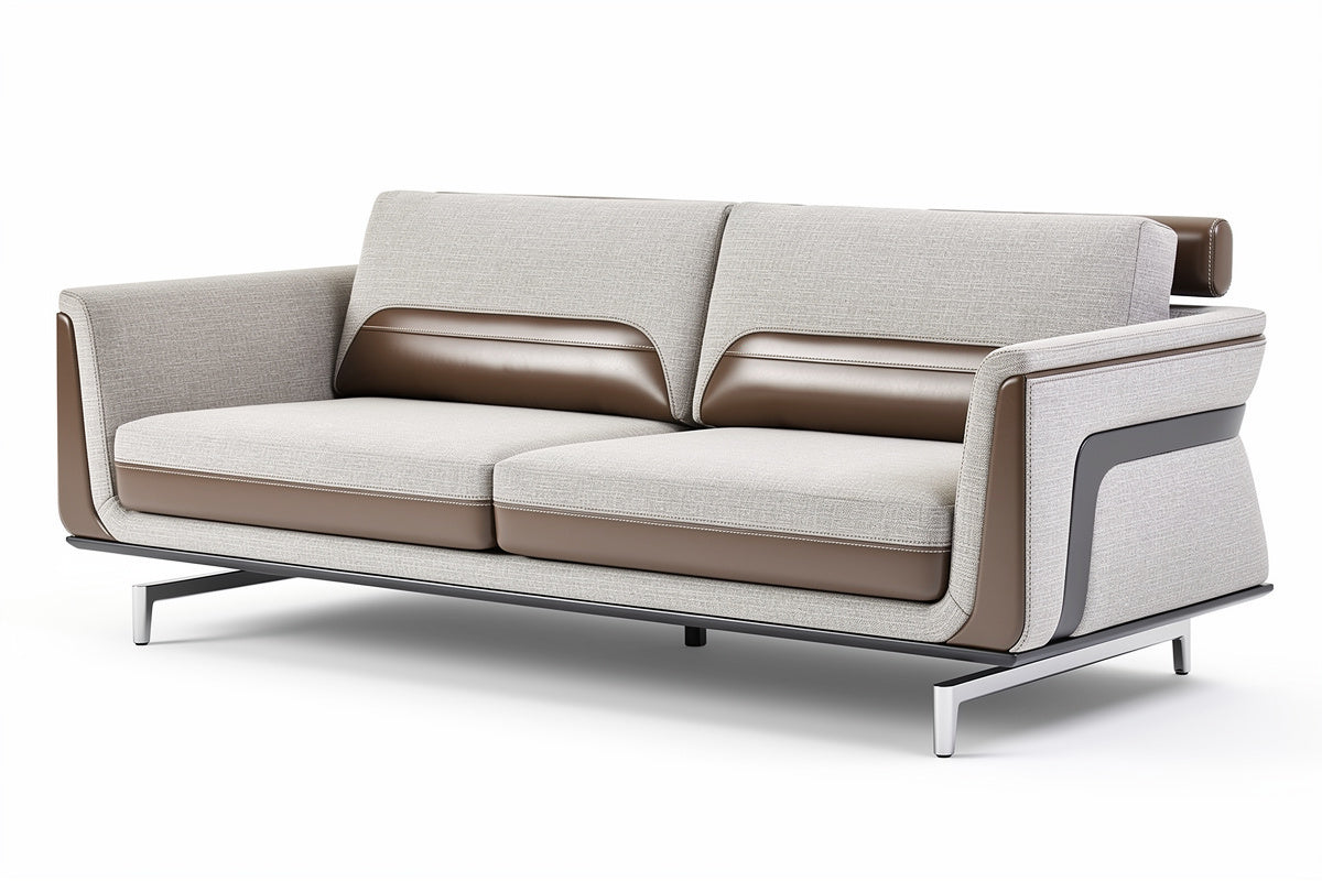 Nowoczesna sofa z podłokietnikami w stylu minimalistycznym, z tkaniną w odcieniach szarości i brązu.