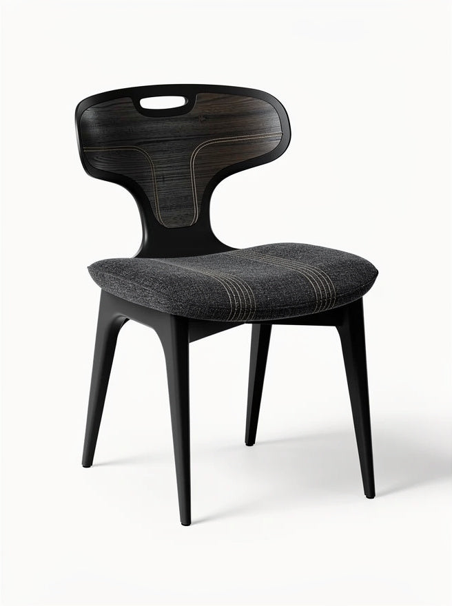 Nowoczesne krzesło z drewna i tkaniny, ergonomiczny design, czarne wykończenie.